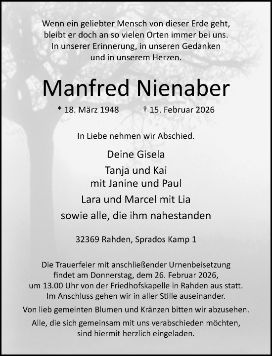 Traueranzeige von Manfred Nienaber von Neue Westfälische und Westfalen-Blatt