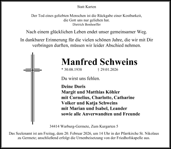 Traueranzeige von Manfred Schweins von Neue Westfälische und Westfalen-Blatt