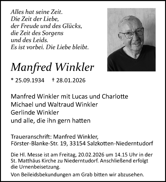 Traueranzeige von Manfred Winkler von Neue Westfälische und Westfalen-Blatt