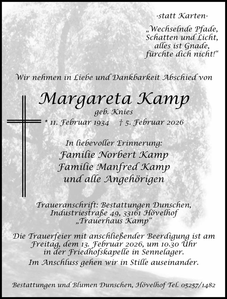  Traueranzeige für Margareta Kamp vom 07.02.2026 aus Neue Westfälische und Westfalen-Blatt