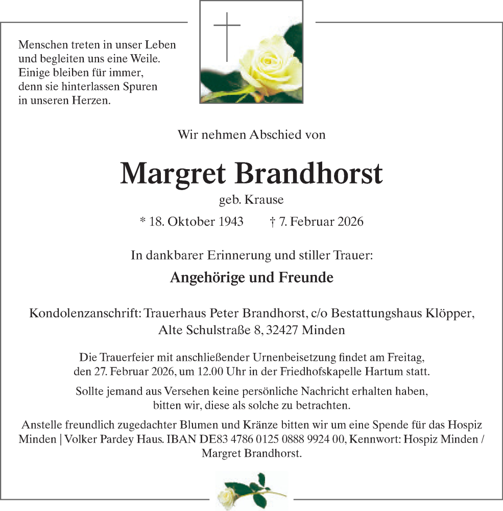  Traueranzeige für Margret Brandhorst vom 14.02.2026 aus Neue Westfälische und Westfalen-Blatt