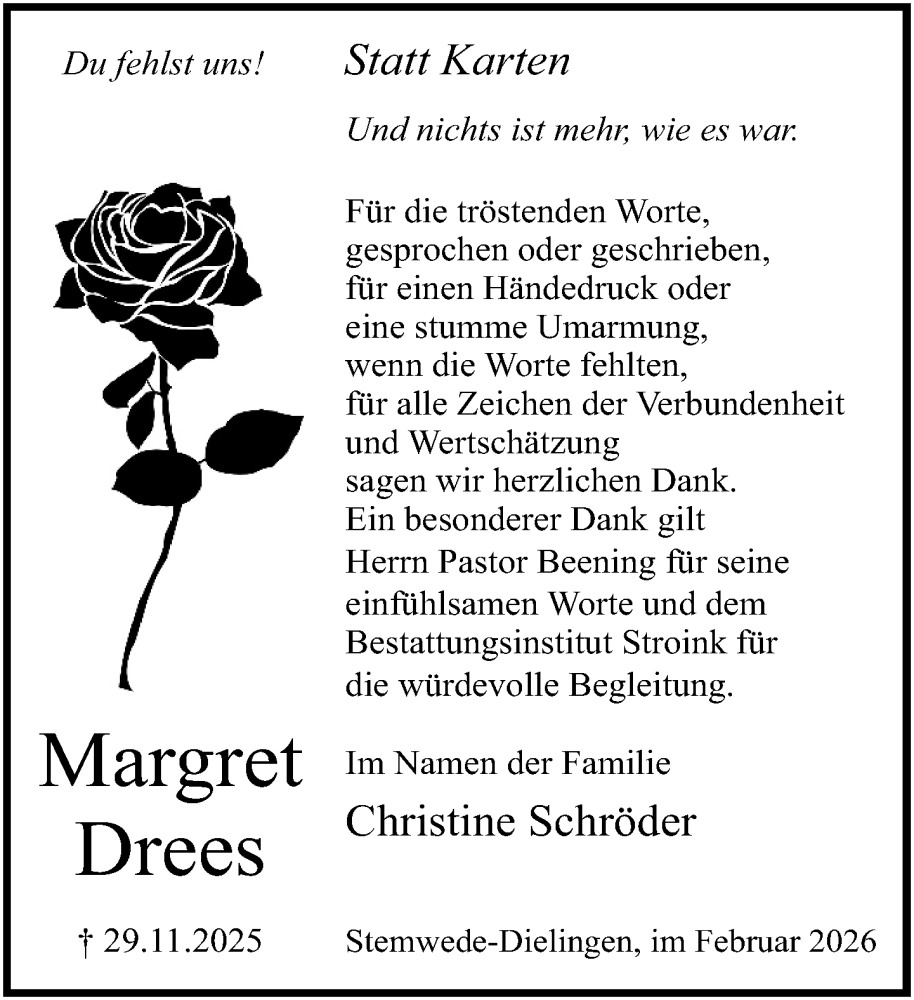  Traueranzeige für Margret Drees vom 07.02.2026 aus Neue Westfälische und Westfalen-Blatt