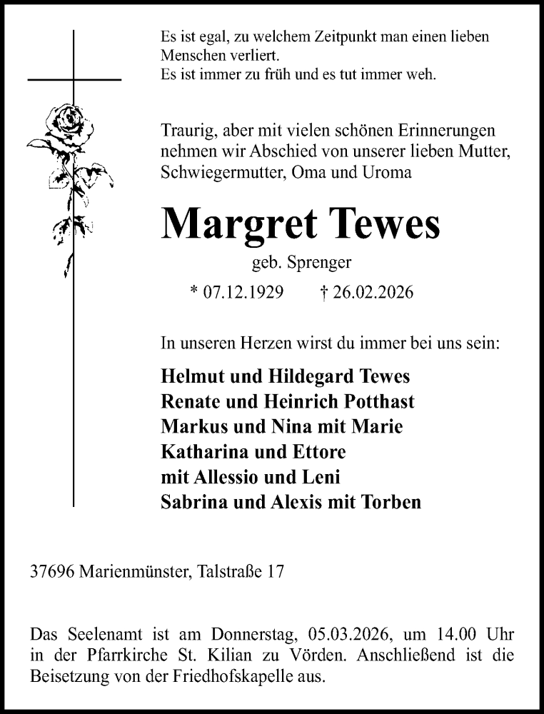  Traueranzeige für Margret Tewes vom 28.02.2026 aus Neue Westfälische und Westfalen-Blatt