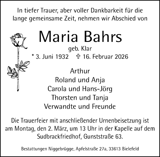 Traueranzeige von Maria Bahrs von Neue Westfälische und Westfalen-Blatt