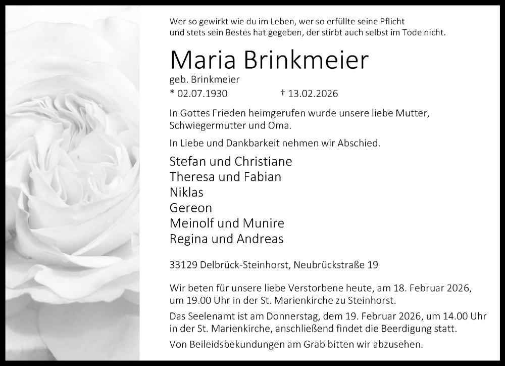  Traueranzeige für Maria Brinkmeier vom 18.02.2026 aus Neue Westfälische und Westfalen-Blatt