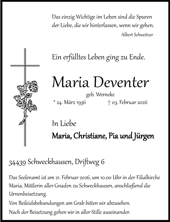 Traueranzeige von Maria Deventer von Neue Westfälische und Westfalen-Blatt