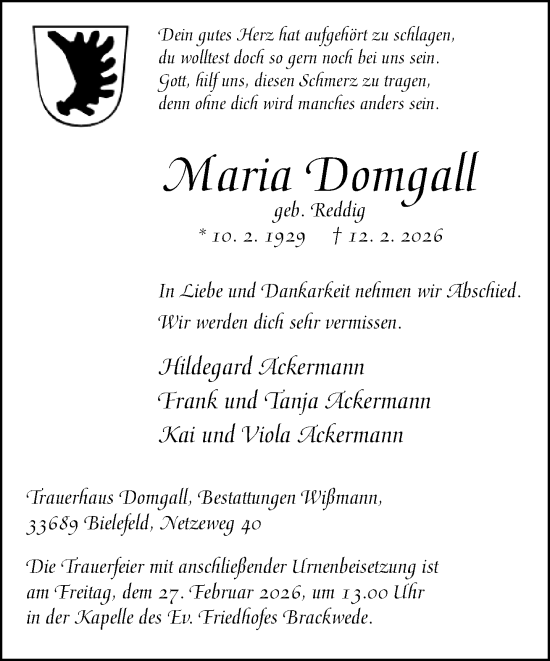 Traueranzeige von Maria Domgall von Neue Westfälische und Westfalen-Blatt