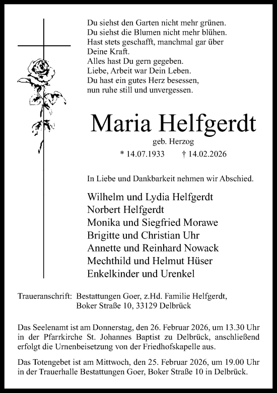 Traueranzeige von Maria Helfgerdt von Neue Westfälische und Westfalen-Blatt