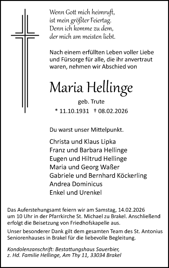 Traueranzeige von Maria Hellinge von Neue Westfälische und Westfalen-Blatt