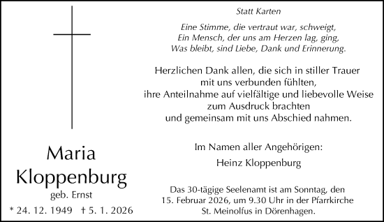Traueranzeige von Maria Kloppenburg von Neue Westfälische und Westfalen-Blatt