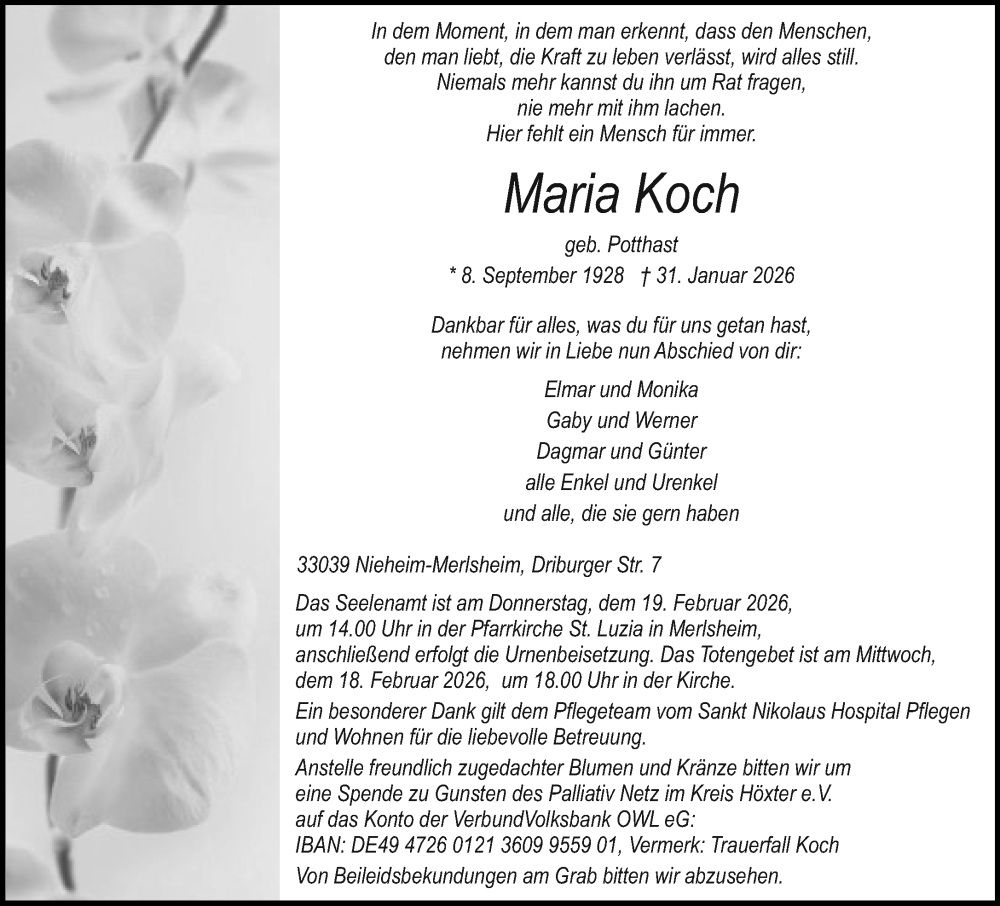  Traueranzeige für Maria Koch vom 07.02.2026 aus Neue Westfälische und Westfalen-Blatt