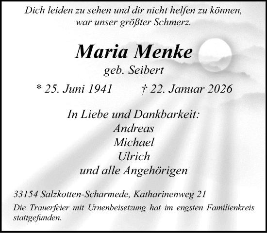 Traueranzeige von Maria Menke von Neue Westfälische und Westfalen-Blatt