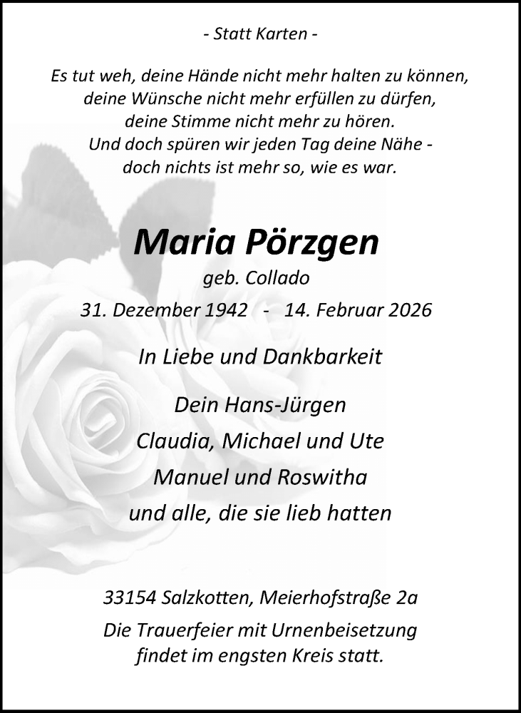  Traueranzeige für Maria Pörzgen vom 21.02.2026 aus Neue Westfälische und Westfalen-Blatt