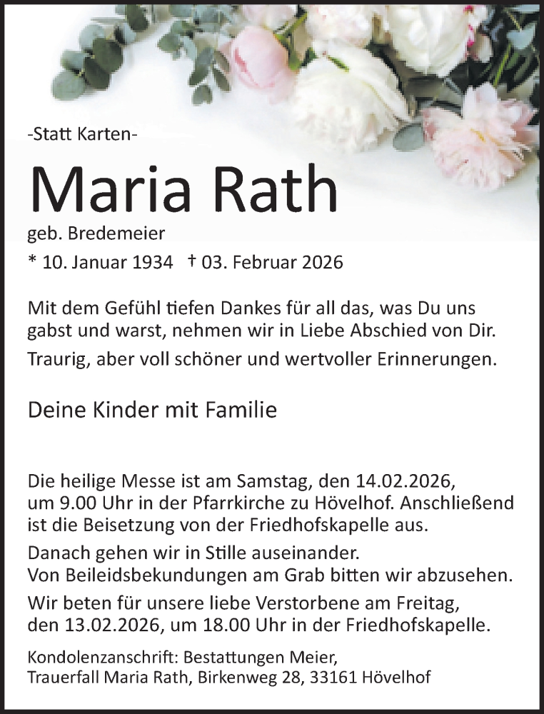  Traueranzeige für Maria Rath vom 07.02.2026 aus Neue Westfälische und Westfalen-Blatt