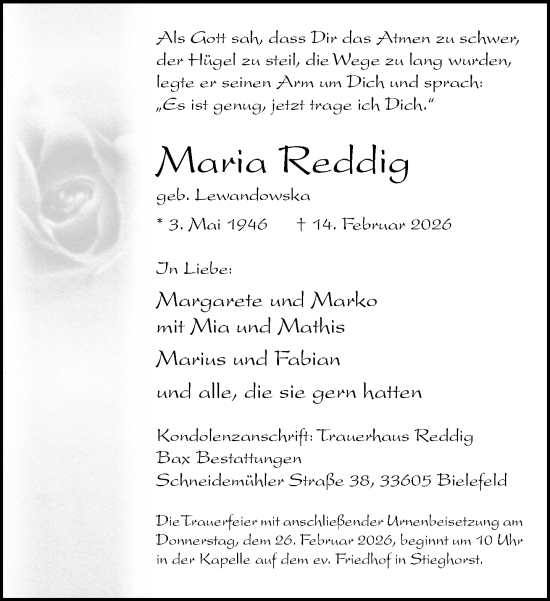 Traueranzeige von Maria Reddig von Neue Westfälische und Westfalen-Blatt