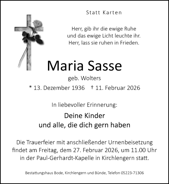 Traueranzeige von Maria Sasse von Neue Westfälische und Westfalen-Blatt