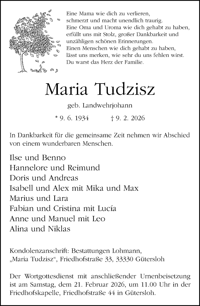  Traueranzeige für Maria Tudzisz vom 14.02.2026 aus Neue Westfälische und Westfalen-Blatt
