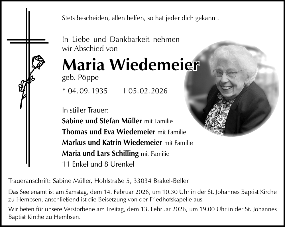  Traueranzeige für Maria Wiedemeier vom 11.02.2026 aus Neue Westfälische und Westfalen-Blatt