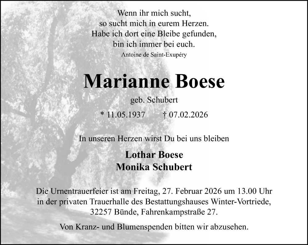  Traueranzeige für Marianne Boese vom 14.02.2026 aus Neue Westfälische und Westfalen-Blatt