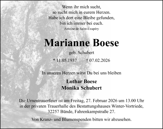 Traueranzeige von Marianne Boese von Neue Westfälische und Westfalen-Blatt