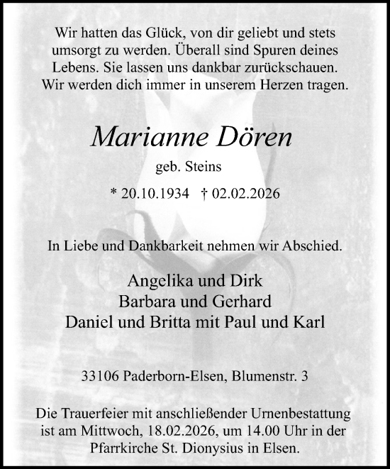 Traueranzeige von Marianne Dören von Neue Westfälische und Westfalen-Blatt