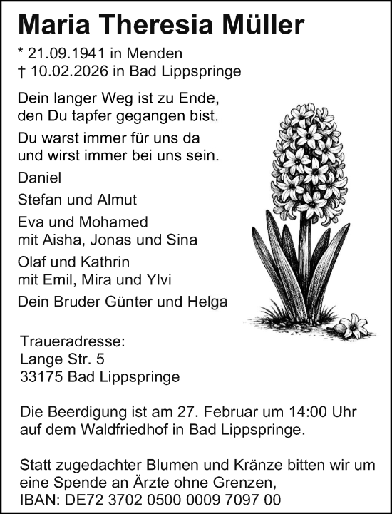 Traueranzeige von Maria Theresia Müller von Neue Westfälische und Westfalen-Blatt