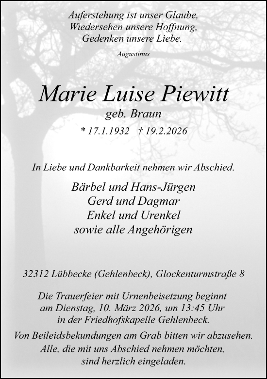 Traueranzeige von Marie Luise Piewitt von Neue Westfälische und Westfalen-Blatt