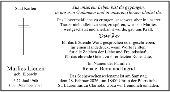 Traueranzeige von Marlies Lienen von Neue Westfälische und Westfalen-Blatt