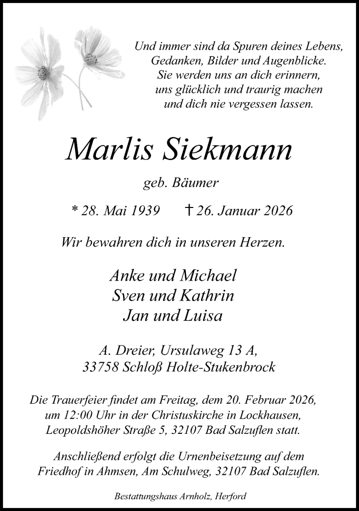  Traueranzeige für Marlis Siekmann vom 07.02.2026 aus Neue Westfälische und Westfalen-Blatt