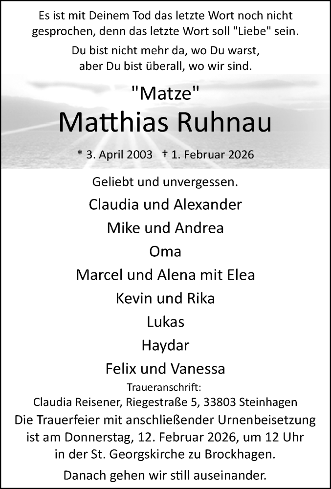  Traueranzeige für Matthias Ruhnau vom 07.02.2026 aus Neue Westfälische und Westfalen-Blatt
