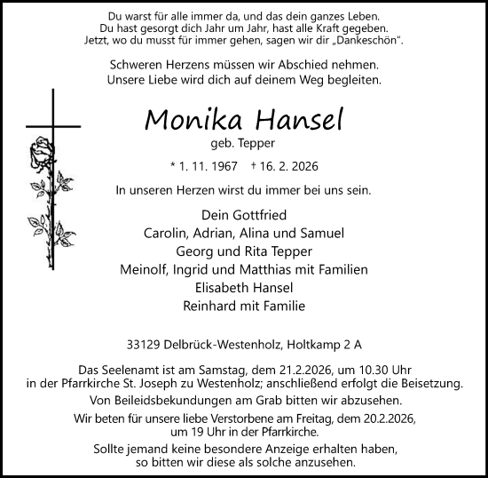 Traueranzeige von Monika Hansel von Neue Westfälische und Westfalen-Blatt