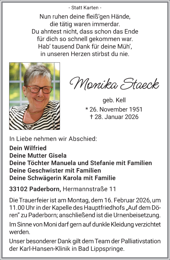 Traueranzeige von Monika Staeck von Neue Westfälische und Westfalen-Blatt