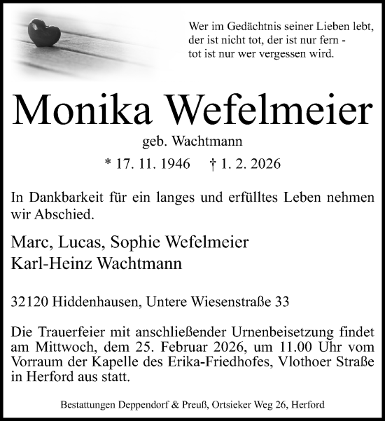 Traueranzeige von Monika Wefelmeier von Neue Westfälische und Westfalen-Blatt