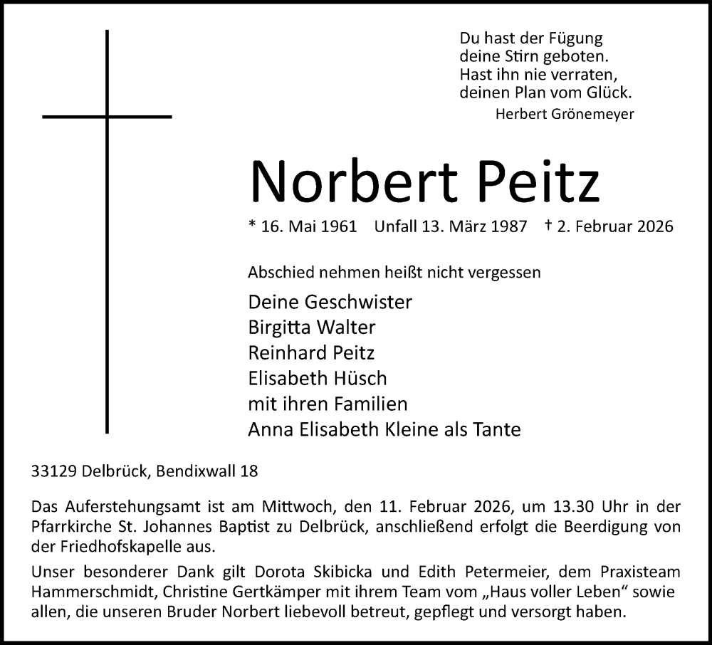  Traueranzeige für Norbert Peitz vom 07.02.2026 aus Neue Westfälische und Westfalen-Blatt