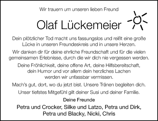 Traueranzeige von Olaf Lückemeier von Neue Westfälische und Westfalen-Blatt