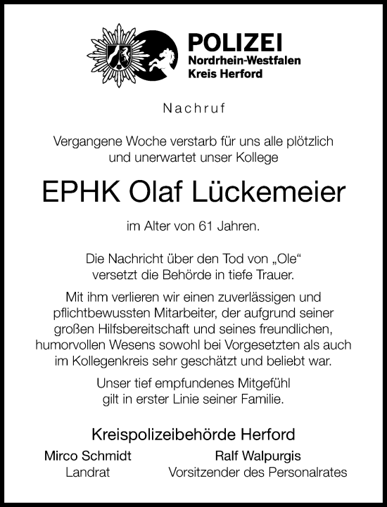Traueranzeige von Olaf Lückemeier von Neue Westfälische und Westfalen-Blatt