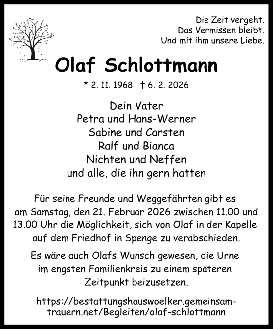 Traueranzeige von Olaf Schlottmann von Neue Westfälische und Westfalen-Blatt