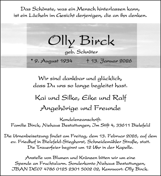 Traueranzeige von Olly Birck von Neue Westfälische und Westfalen-Blatt