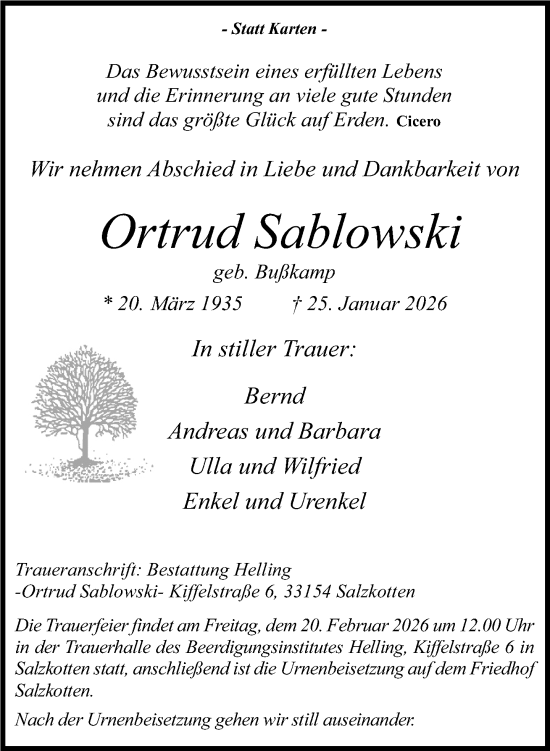 Traueranzeige von Ortrud Sablowski von Neue Westfälische und Westfalen-Blatt