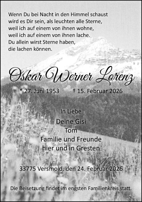 Traueranzeige von Oskar Werner Lorenz von Neue Westfälische und Westfalen-Blatt