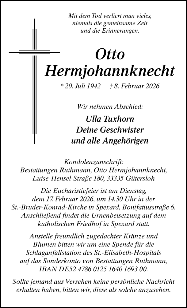  Traueranzeige für Otto Hermjohannknecht vom 12.02.2026 aus Neue Westfälische und Westfalen-Blatt