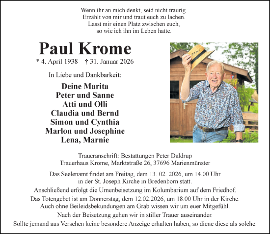 Traueranzeige von Paul Krome von Neue Westfälische und Westfalen-Blatt