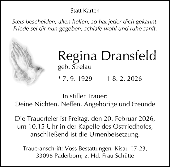 Traueranzeige von Regina Dransfeld von Neue Westfälische und Westfalen-Blatt