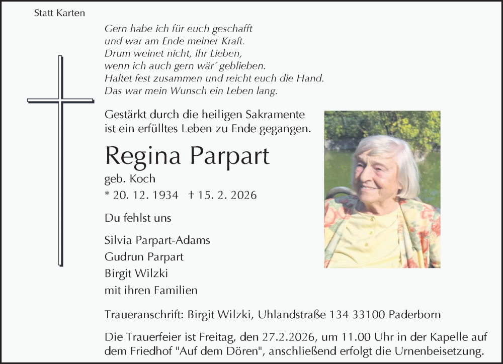  Traueranzeige für Regina Parpart vom 21.02.2026 aus Neue Westfälische und Westfalen-Blatt