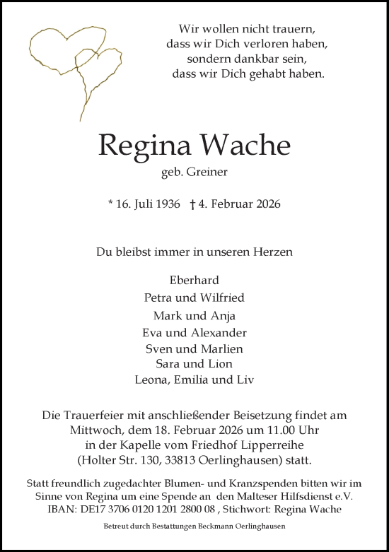 Traueranzeige von Regina Wache von Neue Westfälische und Westfalen-Blatt
