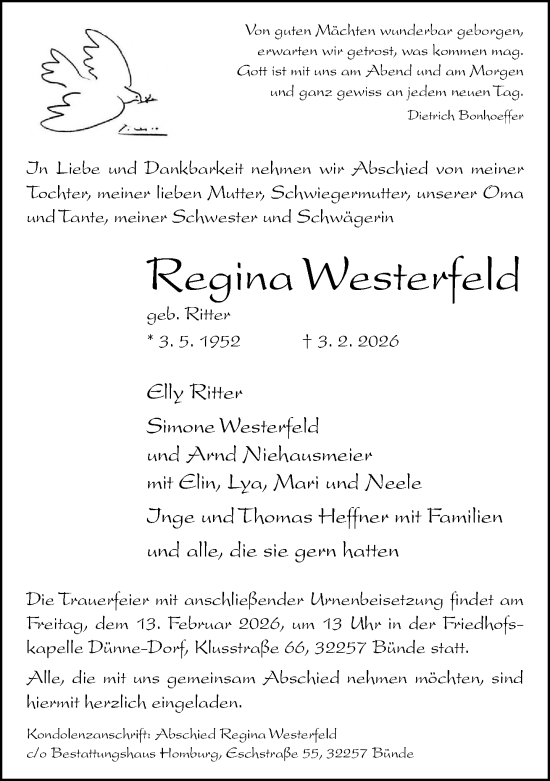 Traueranzeige von Regina Westerfeld von Neue Westfälische und Westfalen-Blatt