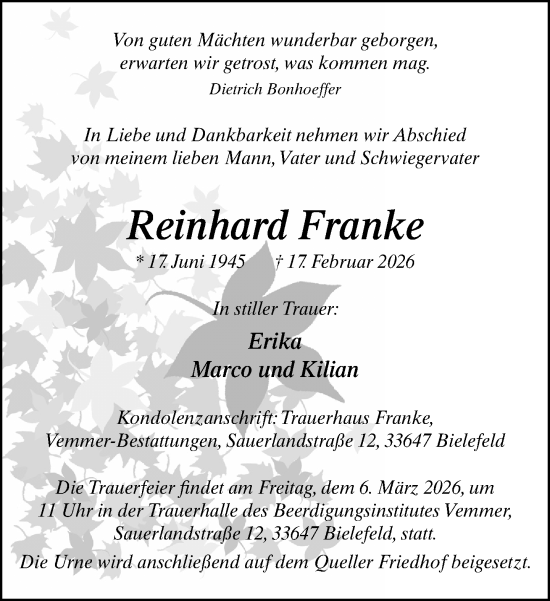 Traueranzeige von Reinhard Franke von Neue Westfälische und Westfalen-Blatt