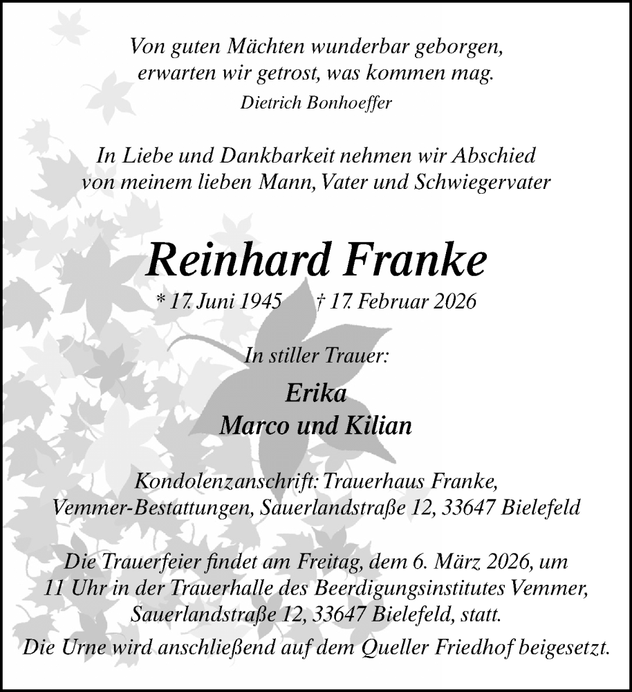  Traueranzeige für Reinhard Franke vom 21.02.2026 aus Neue Westfälische und Westfalen-Blatt