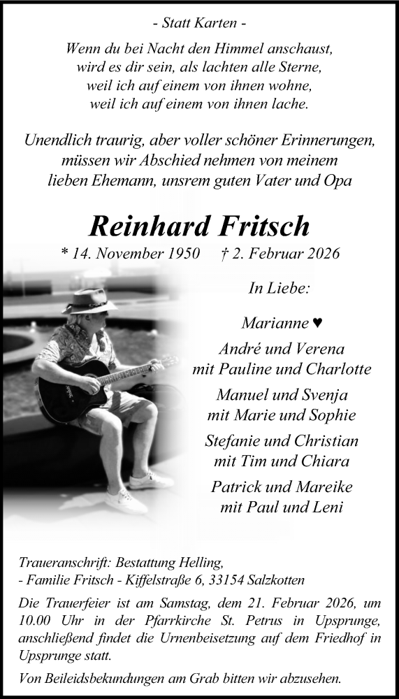  Traueranzeige für Reinhard Fritsch vom 14.02.2026 aus Neue Westfälische und Westfalen-Blatt