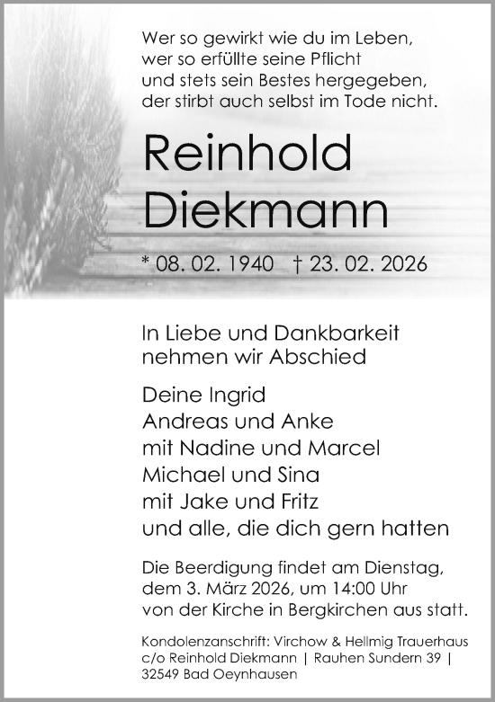 Traueranzeige von Reinhold Diekmann von Neue Westfälische und Westfalen-Blatt